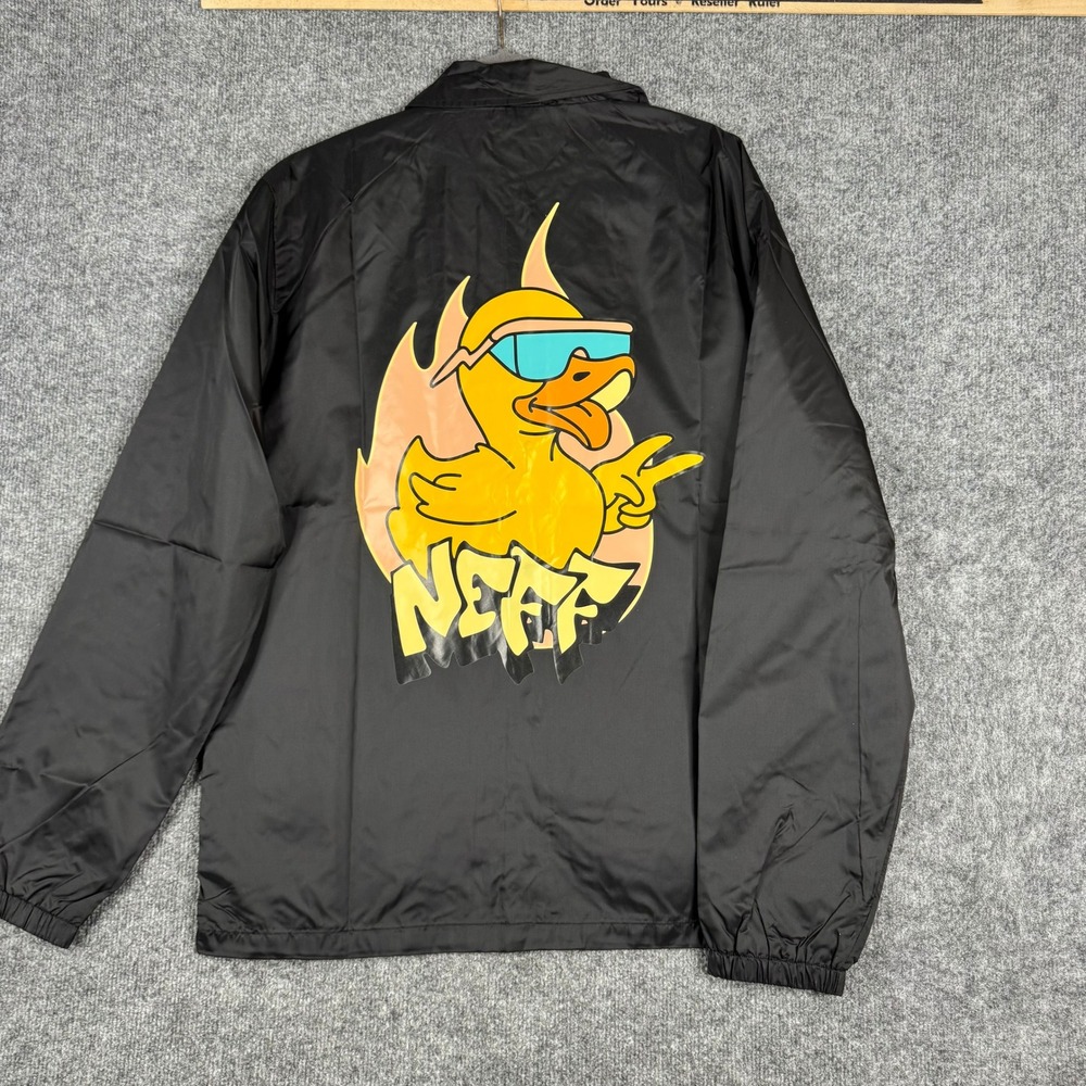 Neff Coach Jacket Mens Size Large Black Flaming Duck Graphic Lightweight Snap Up